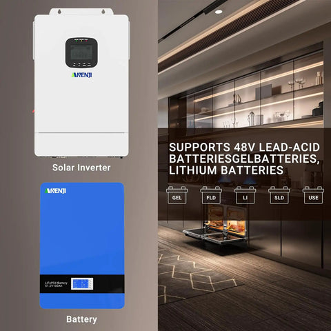 Heavy Duty 3600W Solar Inverter Charger With Built In 80A MPPT Controller For RV And House Backup And Pure Sine Wave DC 48V To AC 120V Hybrid Power Kit shown in a modern kitchen setup.