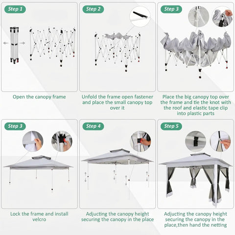 Assembly steps for 12x12 Pop Up Gazebo On Clearance, Easy Up Metal Frame Outdoor Shelter With Waterproof Canopy, Mosquito Netting, Ropes, Stakes And Carry Bag, Portable Patio Garden Tent For Backyard.