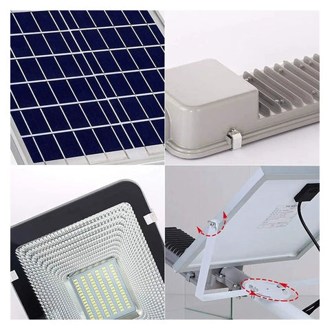 Rock Solid Solar Flood Light, 300W LED Array with solar panel, heavy duty casing, and adjustable fixture for outdoor use.