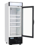 Rock Solid 27 Inch Reach In Freezer With One Swing Glass Door Merchandiser with glass door revealing empty shelves.