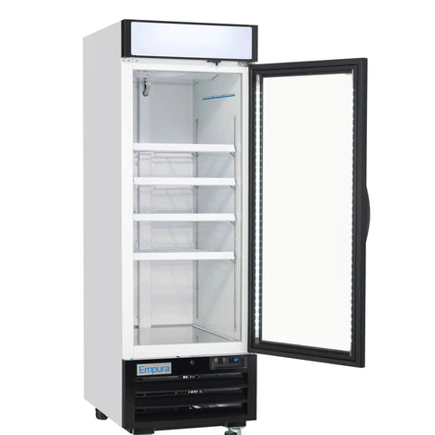 Rock Solid 27 Inch Reach In Freezer With One Swing Glass Door Merchandiser with glass door revealing empty shelves.