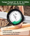 Torque tested wrench displaying 12" & 14" measurement up to 26Nm, used for accurately tightening heavy-duty screws.