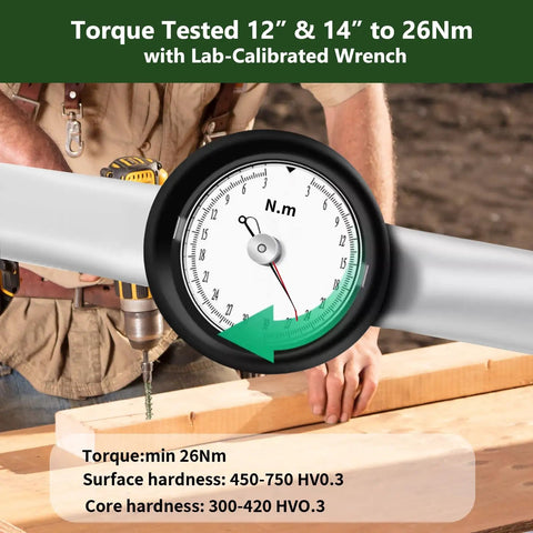 Torque tested wrench displaying 12" & 14" measurement up to 26Nm, used for accurately tightening heavy-duty screws.