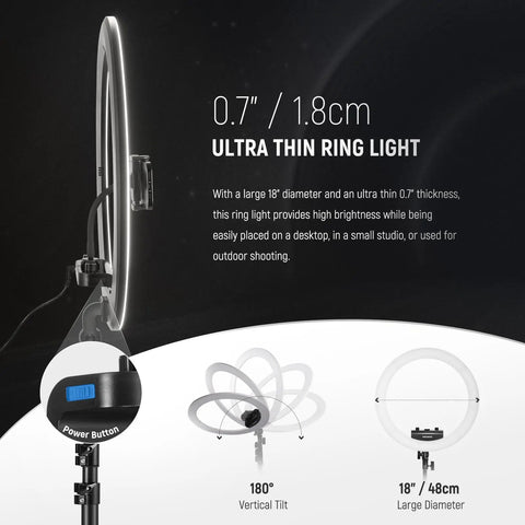 18 Inch Ultra Thin Ring Light With Tripod Stand And Phone Holder For iPhone, side view showing 0.7 inch thickness and power button