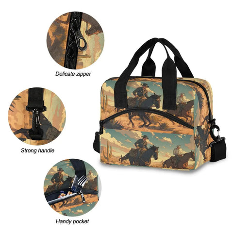 Desert Cowboy Style Insulated Lunch Bag 10L Cooler Tote Leakproof Portable with durable handle and zipper details