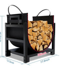 Indoor Firewood Rack And Log Holder With Wood Carrier, Powder Coated Steel Construction, 17.6x12.5x16.5 inches, showing full log capacity.