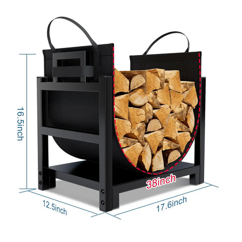 Indoor Firewood Rack And Log Holder With Wood Carrier, Powder Coated Steel Construction, 17.6x12.5x16.5 inches, showing full log capacity.