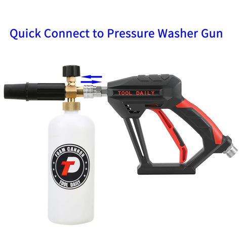 Short Pressure Washer Gun With Foam Cannon And One Quarter Inch Quick Connector Five Nozzle Tips And One Liter Bottle M22 Compatible All Purpose Power Washing Tool For Cars Decks And Driveways