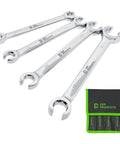 Der Erwachte 4-piece flare nut wrench set with offset ends in metric sizes 8–17mm, chrome CR-V steel, with storage pouch
