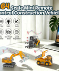 Three Piece Remote Control Construction Set With 1:64 Excavator, Dump Truck, And Forklift, Lights And Sounds on desk