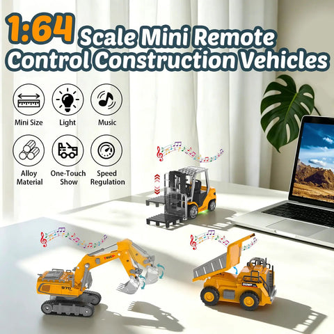 Three Piece Remote Control Construction Set With 1:64 Excavator, Dump Truck, And Forklift, Lights And Sounds on desk