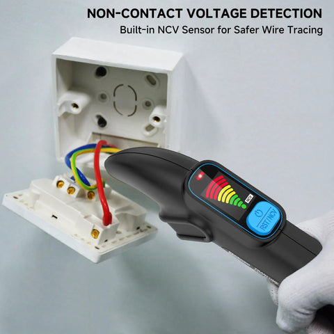 2 In 1 Circuit Breaker Finder With Non Contact Voltage Detection showing LCD display next to electrical outlet testing wires.