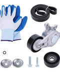 Premium Serpentine Belt Tensioner And Idler Pulley Kit Direct Fit For Ford Explorer Edge Taurus Fusion Flex 3.5L V6 2007 To 2019 Keep Your Ride Squeal Free With Quick Swap And Top Shelf Build Grade Replacement Part 04593633AA Skip Dealer Fees Today. kit with tensioner, idler pulley, belt, bolts, and gloves