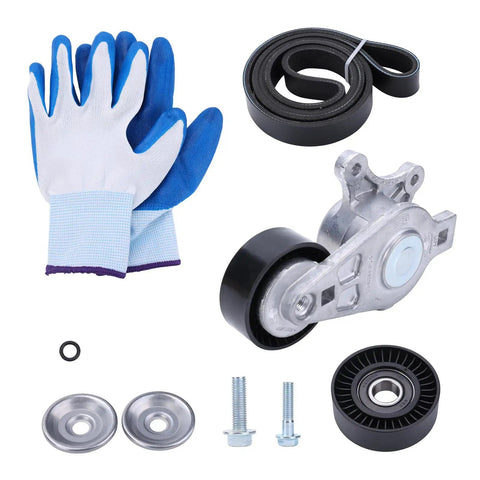 Premium Serpentine Belt Tensioner And Idler Pulley Kit Direct Fit For Ford Explorer Edge Taurus Fusion Flex 3.5L V6 2007 To 2019 Keep Your Ride Squeal Free With Quick Swap And Top Shelf Build Grade Replacement Part 04593633AA Skip Dealer Fees Today. kit with tensioner, idler pulley, belt, bolts, and gloves