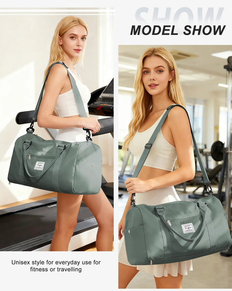 Woman carrying Travel Duffel With Shoes Compartment And Wet Pocket For Women And Men Airport Friendly Carry On Gym Bag in gym