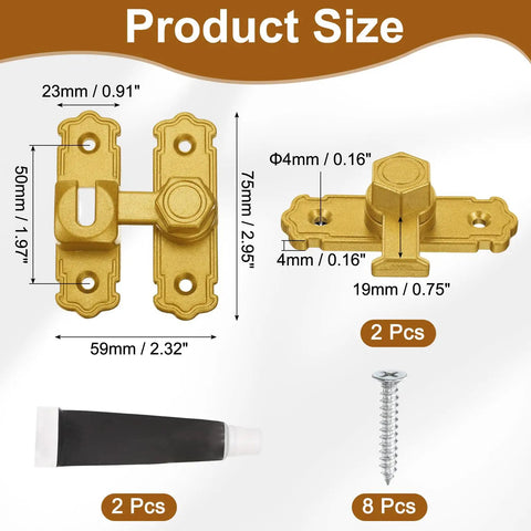 Premium Gold Aluminum Flip Gate Latch Set dimensions with screws and glue for easy installation, 2 pieces included.