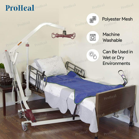 Universal Full Body Mesh Lift Sling For Patient Lifts XXL Size 52 By 44.5 Inches Polyester Sling on hospital bed with lift system.
