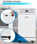 Slick 18 Inch Portable Dishwasher With Stainless Steel Tub Cleans Eight Place Settings Fast Energy Star Certified Countertop Appliance For Apartment Living showing portable design details and wheels.