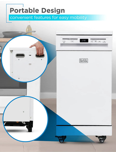 Slick 18 Inch Portable Dishwasher With Stainless Steel Tub Cleans Eight Place Settings Fast Energy Star Certified Countertop Appliance For Apartment Living showing portable design details and wheels.