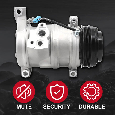 AC Compressor With Clutch Kit For Chevy Silverado Tahoe Suburban Sierra Yukon 1500 Trucks shown from the side, highlighting its durable design.
