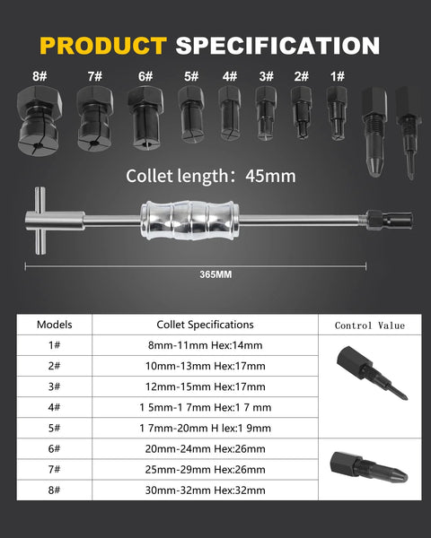 Blind Hole Bearing Puller Set for Bicycles and Motor Vehicles showing slide hammer, 8-32mm collets, and specifications chart.
