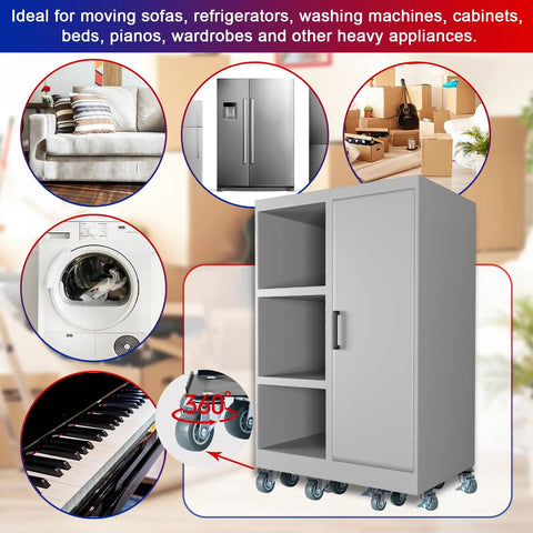 Essential Heavy Duty Furniture Movers Dolly Set includes a gray cabinet with 360-degree steel rollers, ideal for moving appliances.