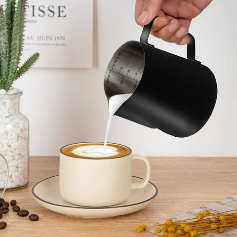 20Oz Stainless Steel Milk Frothing Pitcher With Clear Measurement Scale For Cappuccino And Latte Art, Pro Grade Barista Tool, pouring milk into a cappuccino
