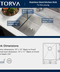 Diagram of Undermount 13x15 Inch Single Bowl Kitchen Sink in Premium 304 Stainless Steel, 8 Inch Deep Basin, showing dimensions.
