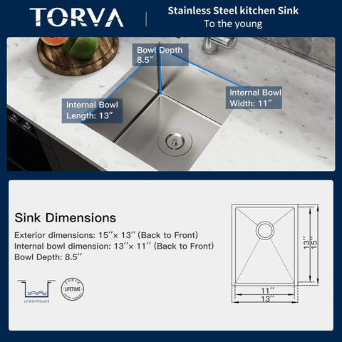 Diagram of Undermount 13x15 Inch Single Bowl Kitchen Sink in Premium 304 Stainless Steel, 8 Inch Deep Basin, showing dimensions.