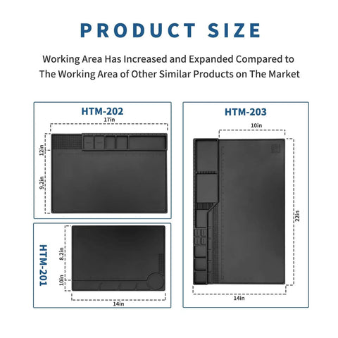 Black Silicone Soldering Mat For Electronic Repairs, Large 14x10 inch platform shown with comparison diagrams