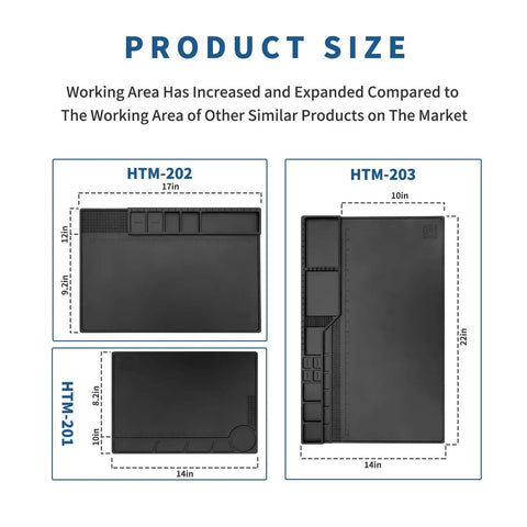 Product size comparison of Heavy Duty Pro Grade Magnetic Silicone Soldering Mat, Heat Resistant Work Pad With Expanded 22x14 Inch Surface
