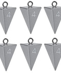 Silver 4 oz pyramid sinkers for surf fishing and catfishing, heavy duty lead weights that lock in on rough bottoms, 6 pack