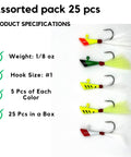 Shad Darts Fishing Lures Kit 25 Pack With One Eighth Oz Jig Heads And Bucktail Assorted 5 Colors displayed on a white background.
