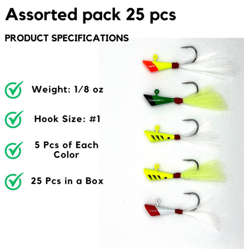 Shad Darts Fishing Lures Kit 25 Pack With One Eighth Oz Jig Heads And Bucktail Assorted 5 Colors displayed on a white background.