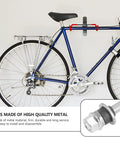 Beefy Solid Shaft Rear Hub Axle Tool for Bikes, beefed up iron axle in metal construction, attached to blue road bike, color varies.