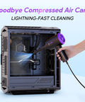 Electric Air Duster And Blower For Keyboard, PC And Electronics used to clean an open computer case with visible air blast