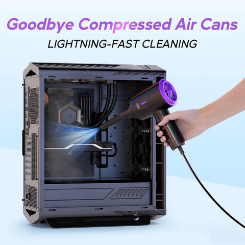 Electric Air Duster And Blower For Keyboard, PC And Electronics used to clean an open computer case with visible air blast