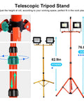 Ultra Bright 30,000 Lumen LED Work Light With Stand, 150W Flood Lights, 6000K Daylight on telescoping tripod with adjustable height.