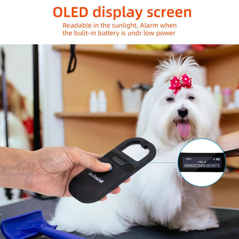 Person scanning dog with Upgraded Pet Microchip Scanner With 256 Data Storage, Rechargeable Handheld Chip ID Reader With OLED Display.
