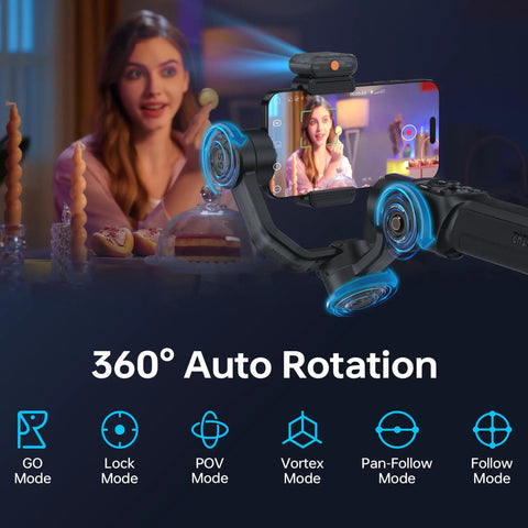 Smooth 5S AI Combo 3 Axis Gimbal Stabilizer For iPhone 15 Pro Max And Android Smartphones with 360° rotation feature displayed.