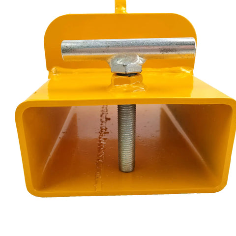 Close-up of yellow Forklift Lifting Hook Attachment With 2200 Lbs Capacity Single Fork Pocket Swivel Hook And Large T Screw