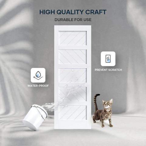 Front view of White 30x84 Inch Sliding Barn Door With 5.5 Ft Hardware Kit Included Solid MDF Slab With Waterproof Scratch Resistant PVC Surface DIY Easy Install Space Saving 5 Panel Door For Home And Apartment Renovations with water and cat nearby.