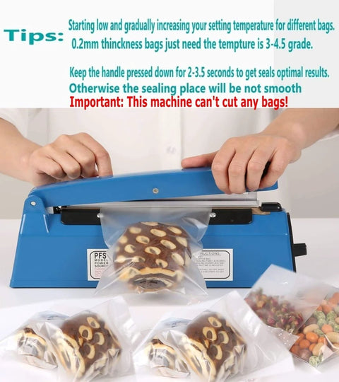 Person using blue 12 Inch Manual Heat Sealer For Plastic Bags Sealing Machine No Warm Up Lightweight Handheld Bag Sealer with 8 Temperature Settings
