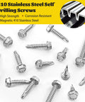 Self Tapping Screws Assortment Kit For Metal, 170-Piece Set In 410 Stainless Steel With Hex Washer Head displayed on surface
