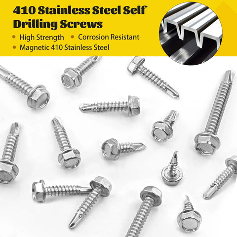 Self Tapping Screws Assortment Kit For Metal, 170-Piece Set In 410 Stainless Steel With Hex Washer Head displayed on surface