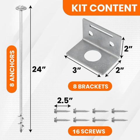 Heavy Duty Ground Anchors Screw In 24 Inch Set Of 8 With Brackets And Drill Bit For Rock Solid Tie Downs In Lawns Sheds Mobile Homes Swing Sets Playsets And More