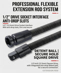 One Half Inch Flexible Socket Drill Bit Shaft Extension And Wrench Extender For Impact Drills And Torque Adapters 360 Degree Bendable Flex Rod Tools Long Reach Bar Set Six Pack with black anti-drop slots and detent ball features