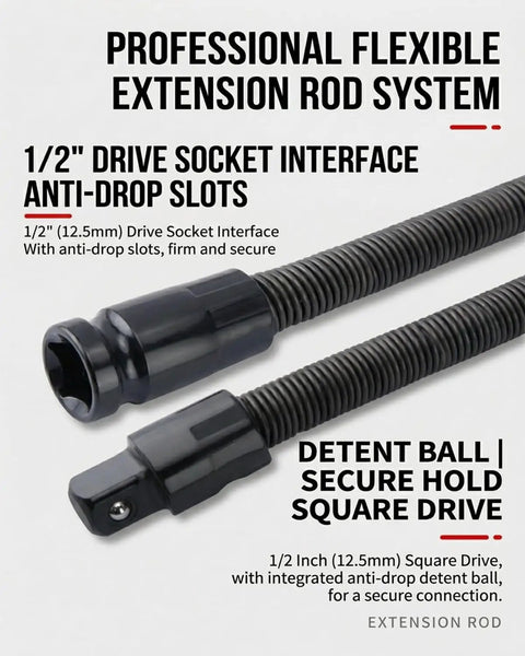 One Half Inch Flexible Socket Drill Bit Shaft Extension And Wrench Extender For Impact Drills And Torque Adapters 360 Degree Bendable Flex Rod Tools Long Reach Bar Set Six Pack with black anti-drop slots and detent ball features