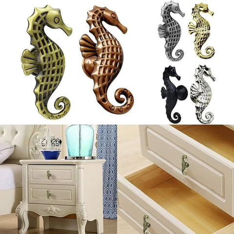 Seahorse design cabinet pulls in various finishes including Dope Seahorse Style Zinc Alloy Cabinet Pull Handle in Matte Black on drawer