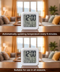 Solid Pick Straight Up Quiet Digital Cube Alarm Clock Country Blue Floral Pattern With Vintage Stamp Letters Comfortable Silicone Buttons Warm Nightlight Snooze Feature And Clean Time Date Temperature Display at different temperatures on a wooden table.
